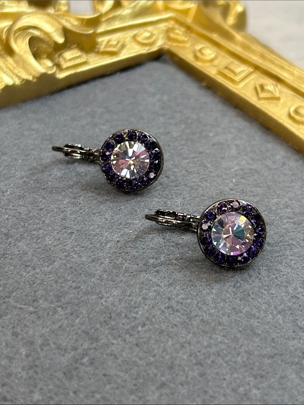 Lavender Center Crystal and Purple Halo Drop Earrings - Picture 3 of 4